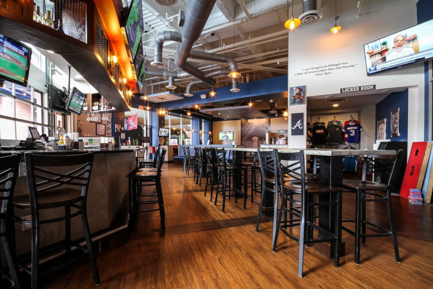 Restaurant interior, high chairs and tables lined up